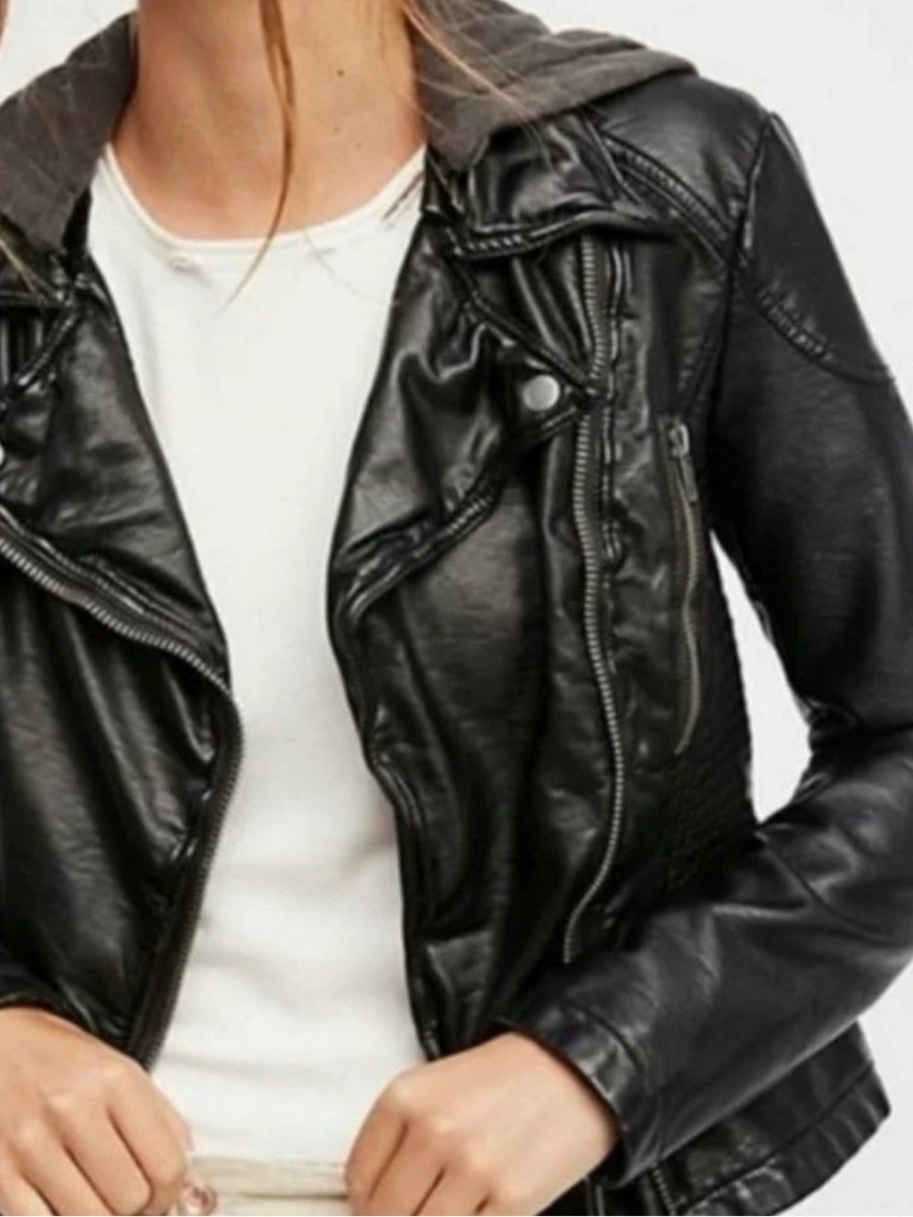 Free People Black Faux Leather Jacket with Gray Hood - Picture 2 of 10